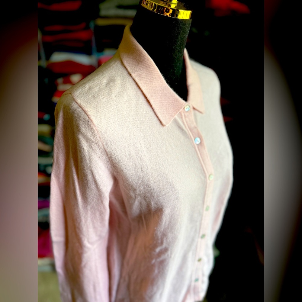 🐚Cashmere Light Coral Pink Womens Polo-Style Button Cardigan Sweater L